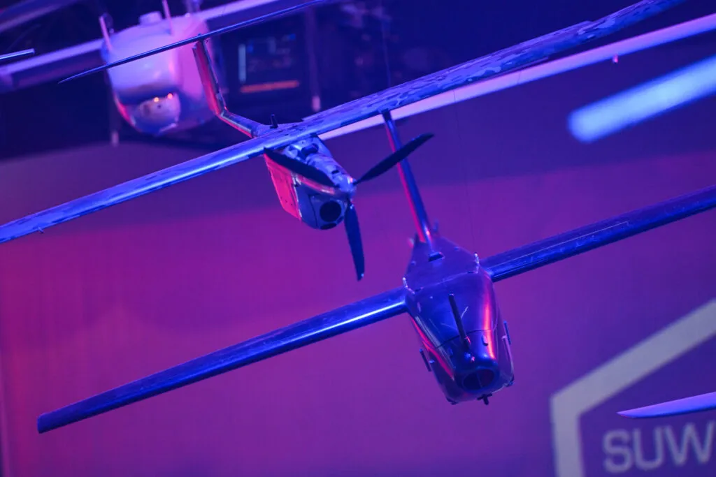 Surveillance drone models on display at MSPO exhibition, Sept. 8, 2026