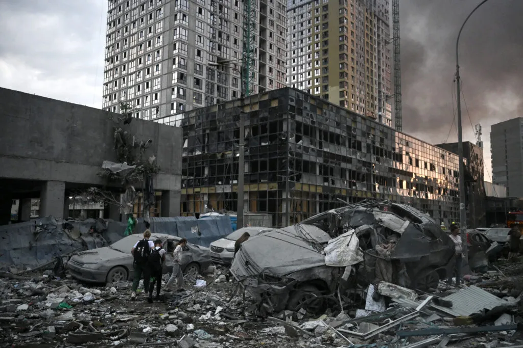 A damaged residential building in Kyiv after a missile strike on July 6, 2026.