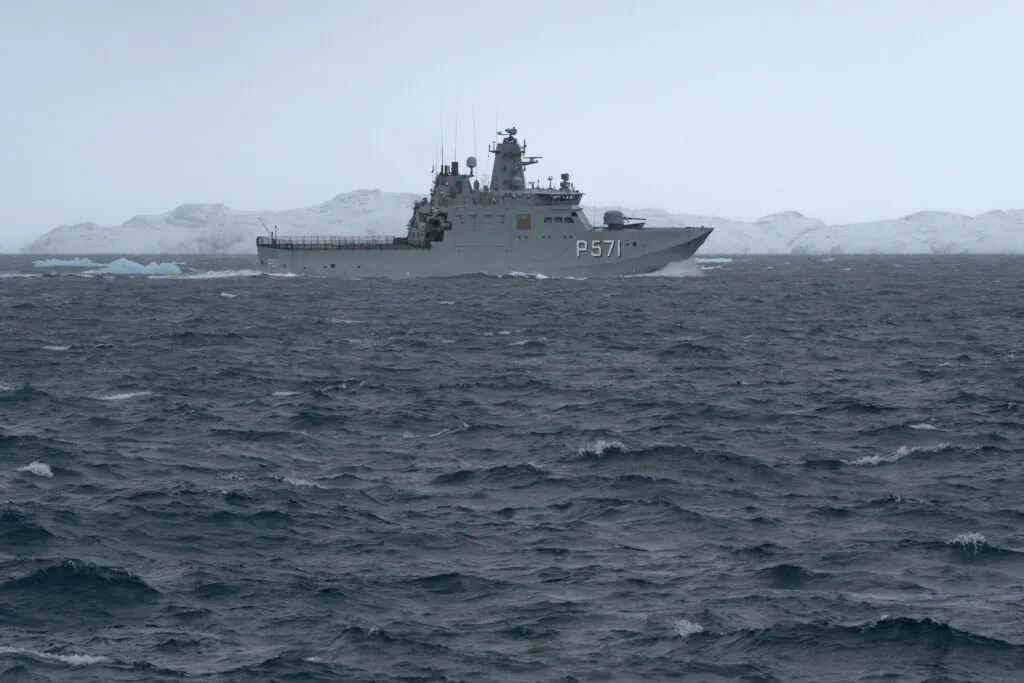 The HDMS Ejnar Mikkelsen patrols Nuuk fjord, Greenland.